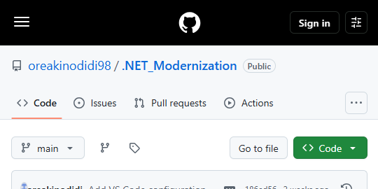 GitHub repository view for the .NET Modernization Workshop